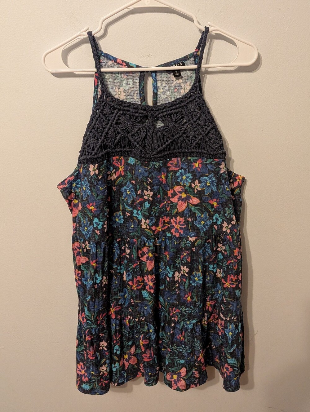 Torrid Blue Floral Crochet Detail High Neck Textured Goddess Tiered Top Size 2X